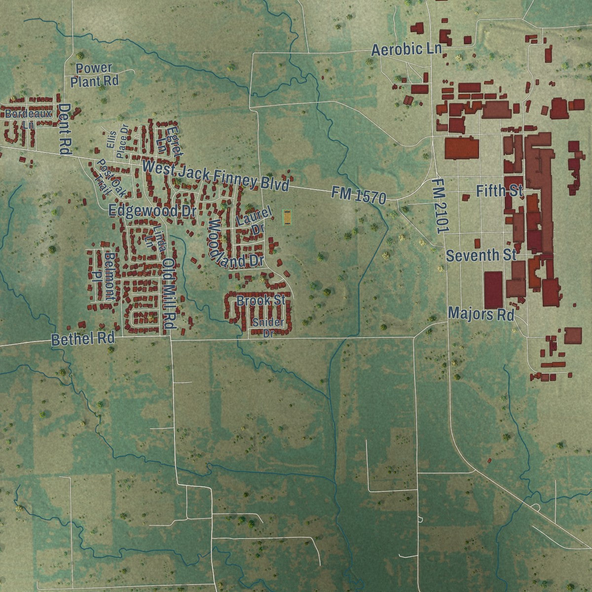 Second close-up of the map of Greenville, Texas print showing more streets and buildings