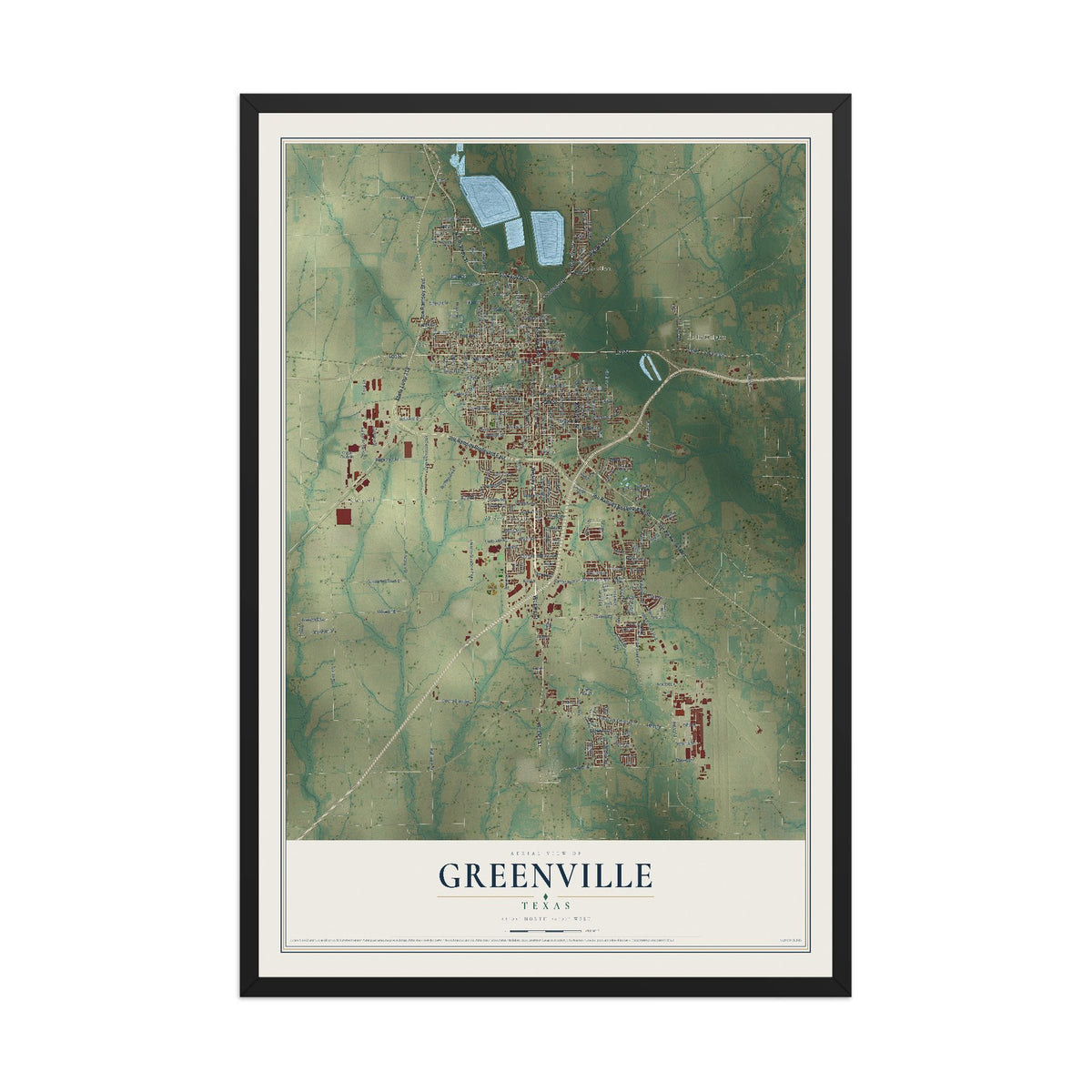 Map of Greenville, Texas, 12 x 18 inch print in a black wood frame