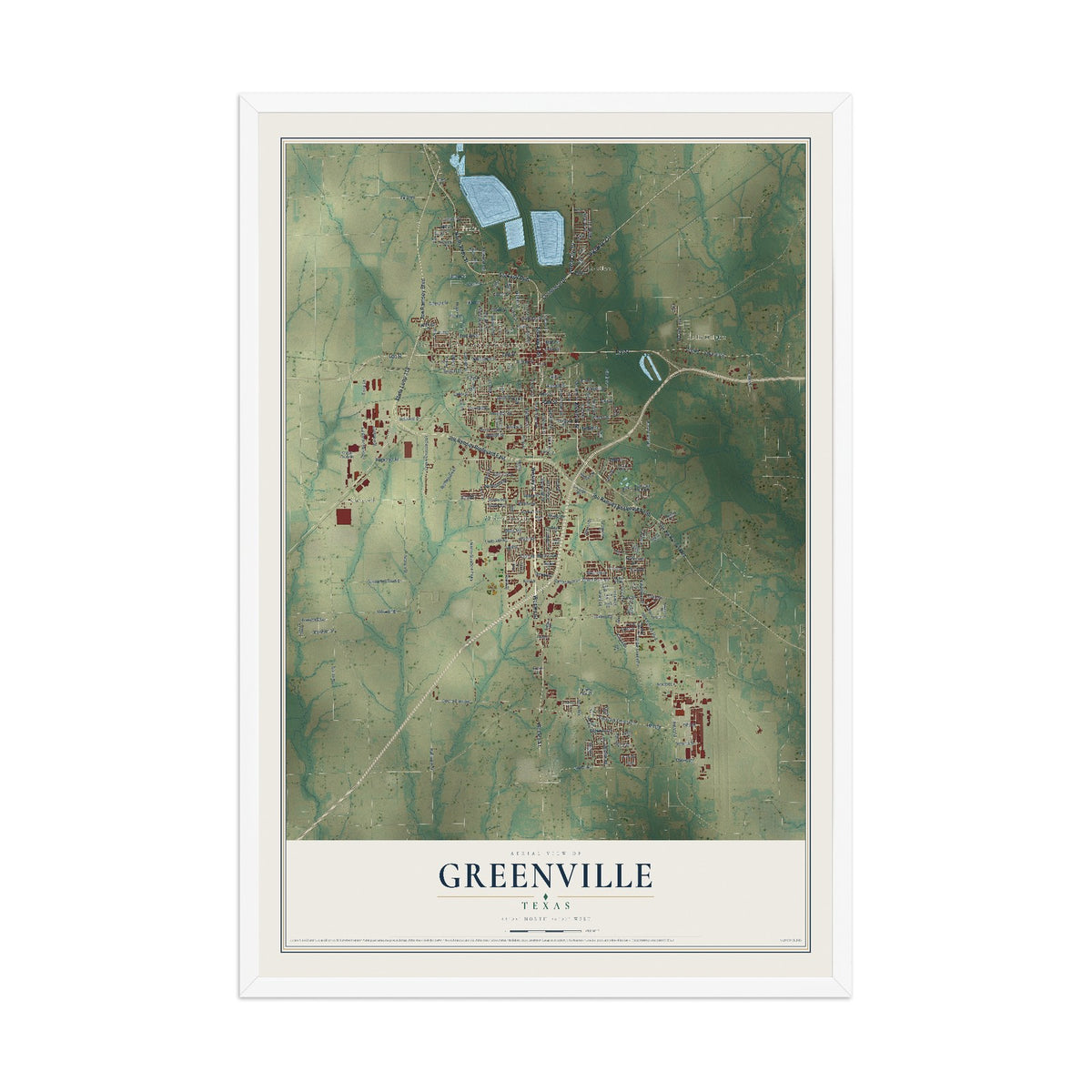 Map of Greenville, Texas, 12 x 18 inch print in a white wood frame