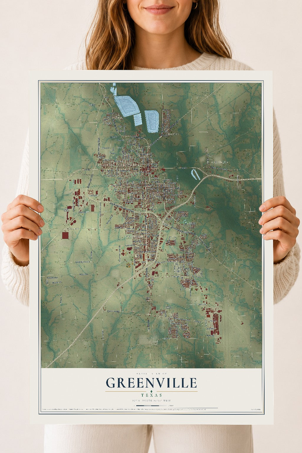 Map of Greenville, Texas, 18 x 24 inch unframed archival matte print