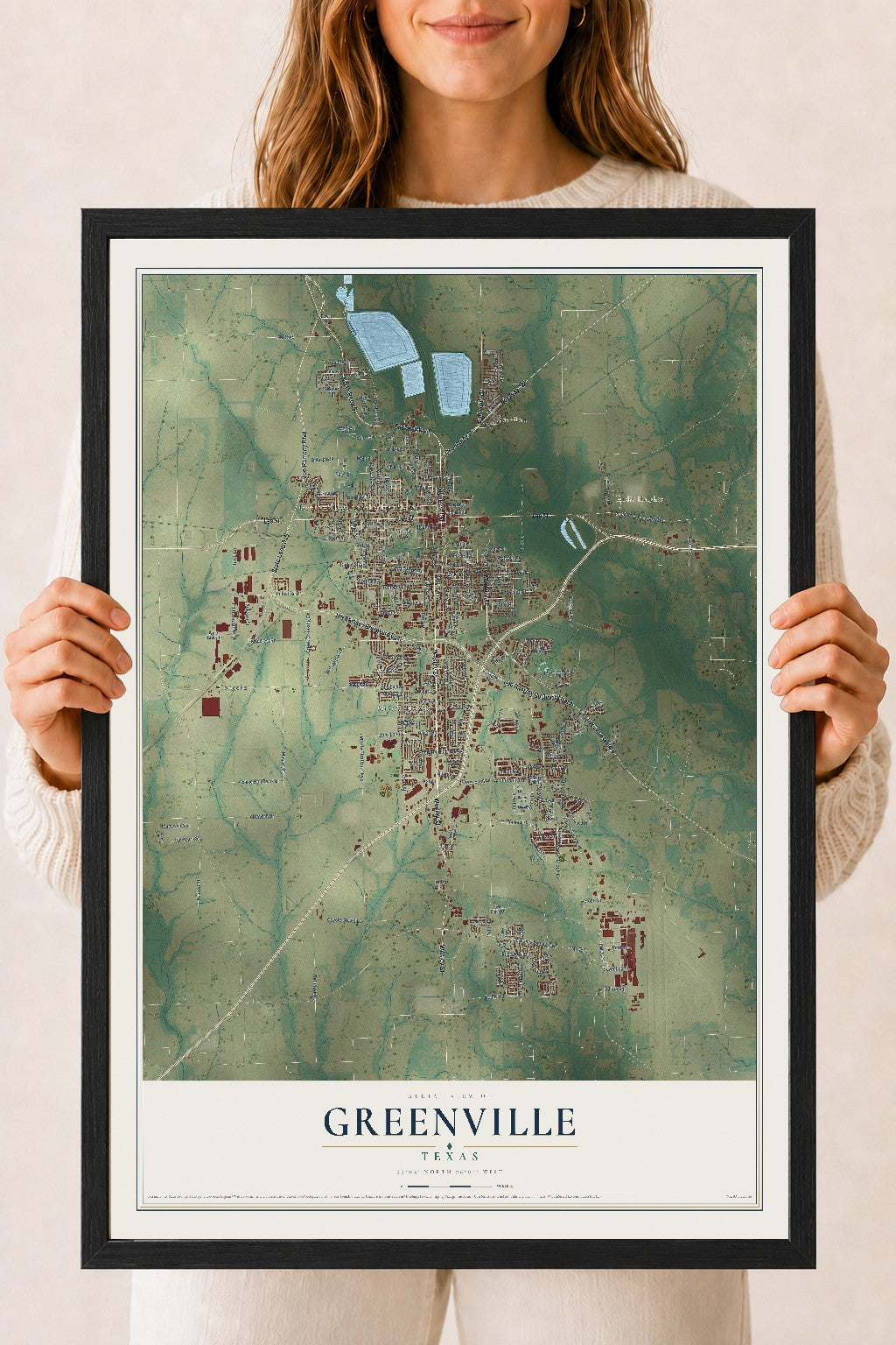 Map of Greenville, Texas, 18 x 24 inch print in a black wood frame