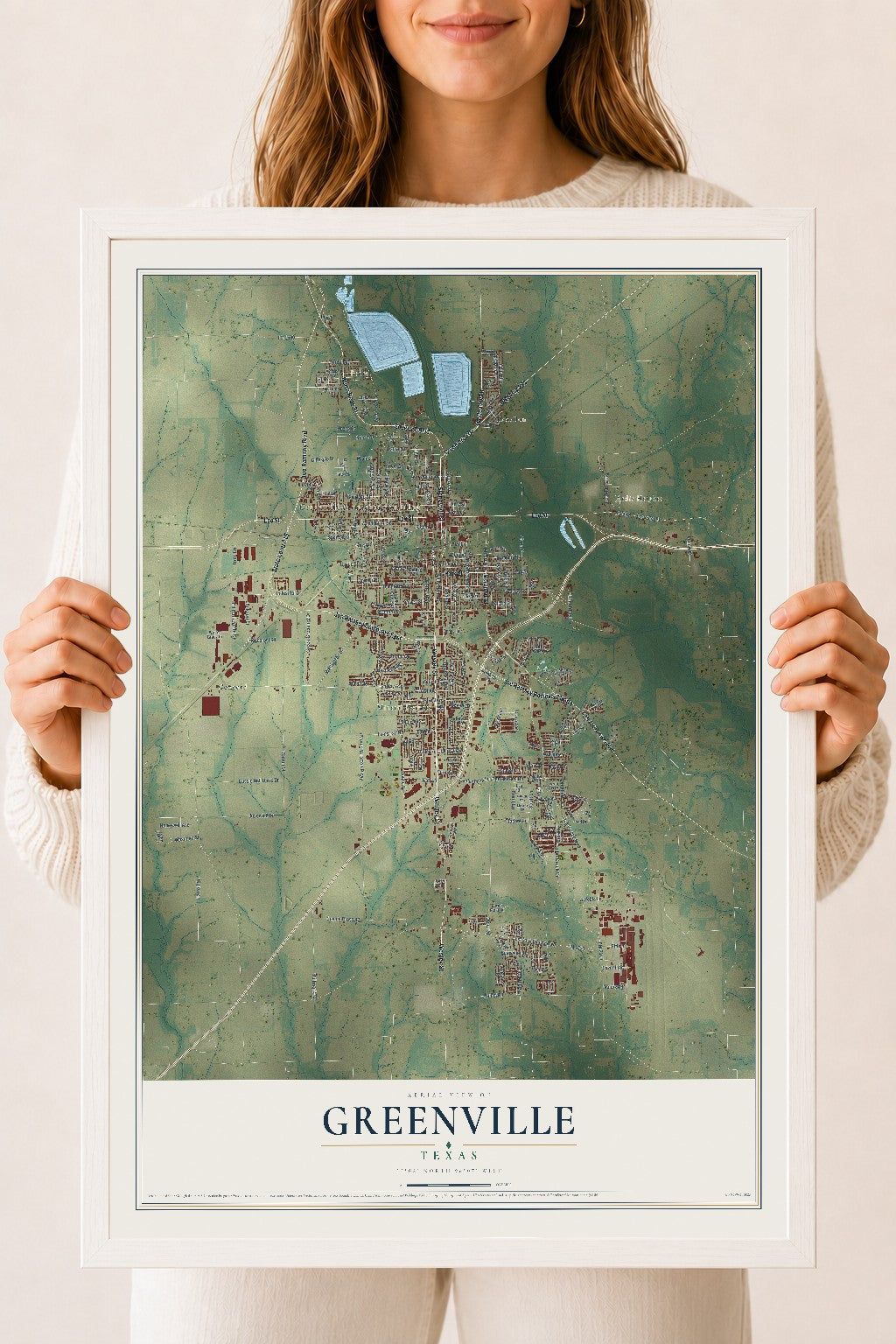 Map of Greenville, Texas, 18 x 24 inch print in a white wood frame