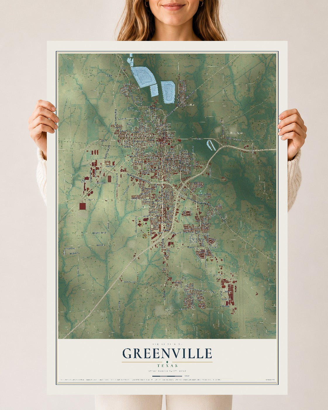 Map of Greenville, Texas, 24 x 36 inch unframed archival matte print