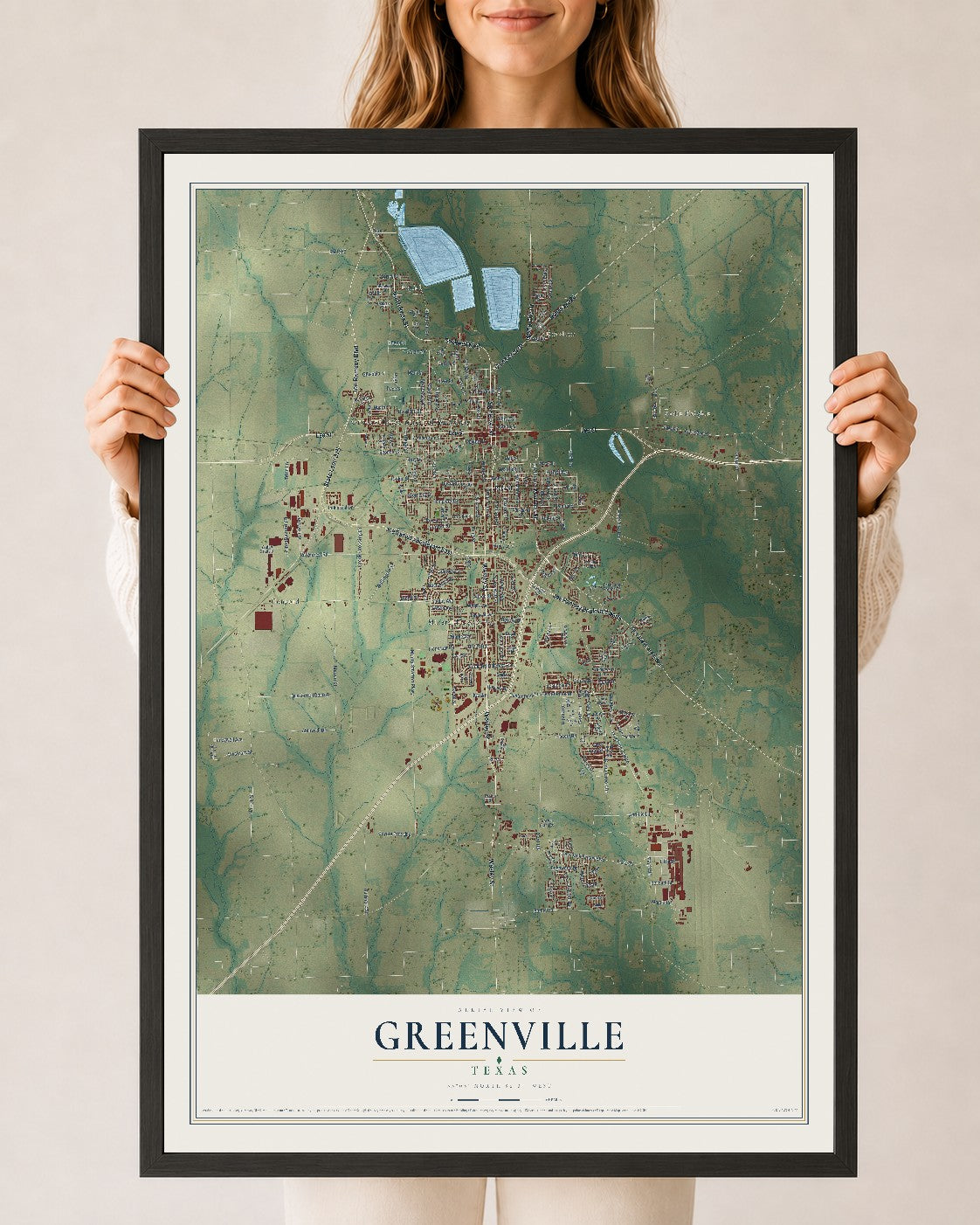 Map of Greenville, Texas, 24 x 36 inch print in a black wood frame