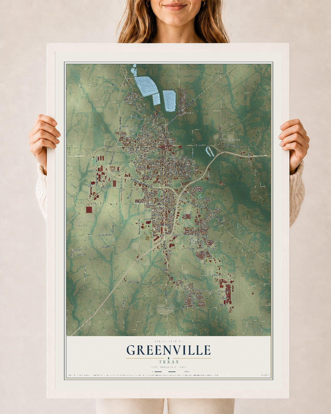 Map of Greenville, Texas, 24 x 36 inch print in a white wood frame