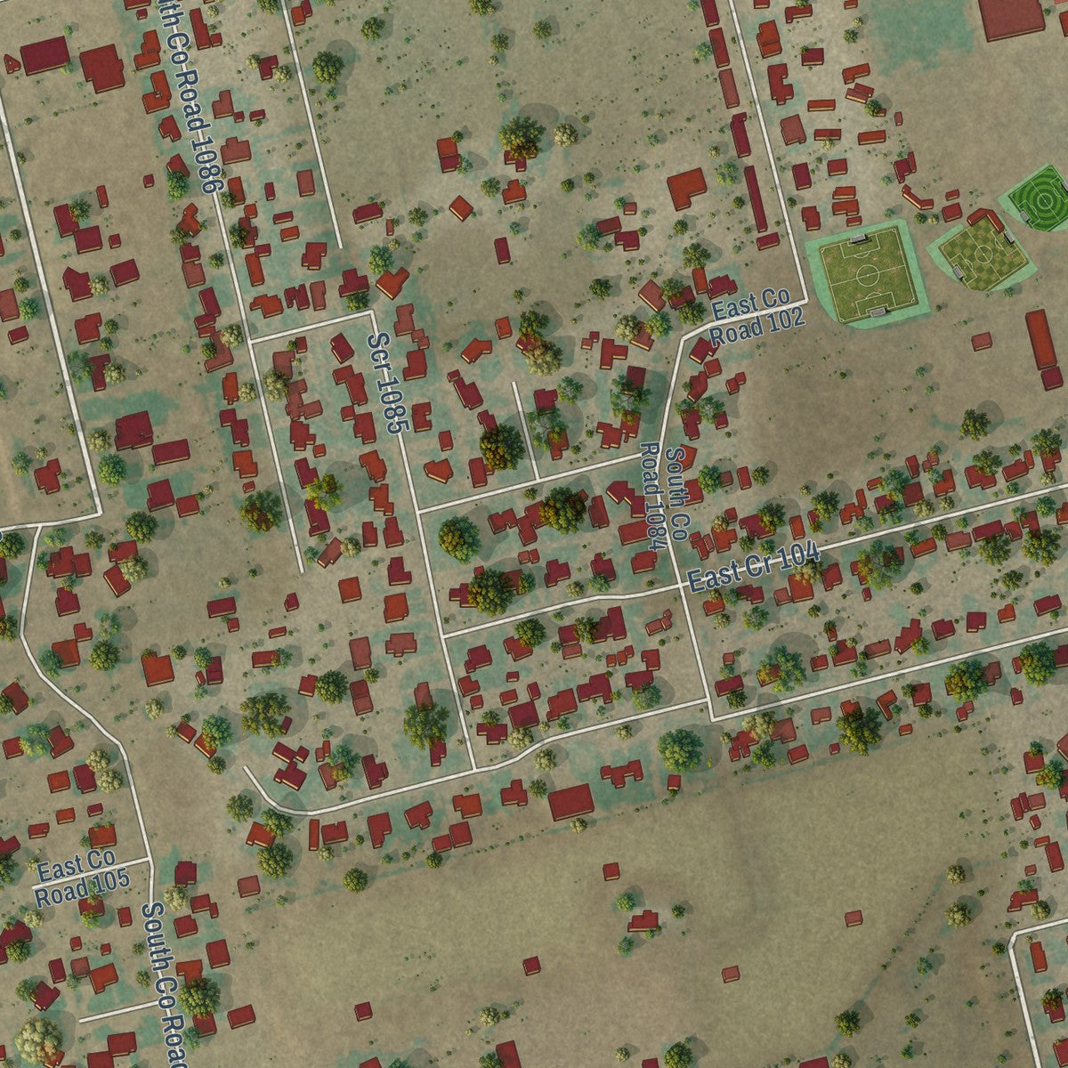 Close-up of the map of Greenwood, Texas print showing street and building detail