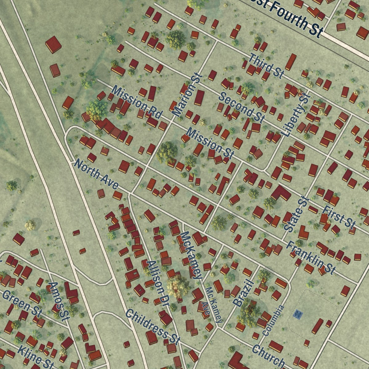 Close-up of the map of Gregory, Texas print showing street and building detail