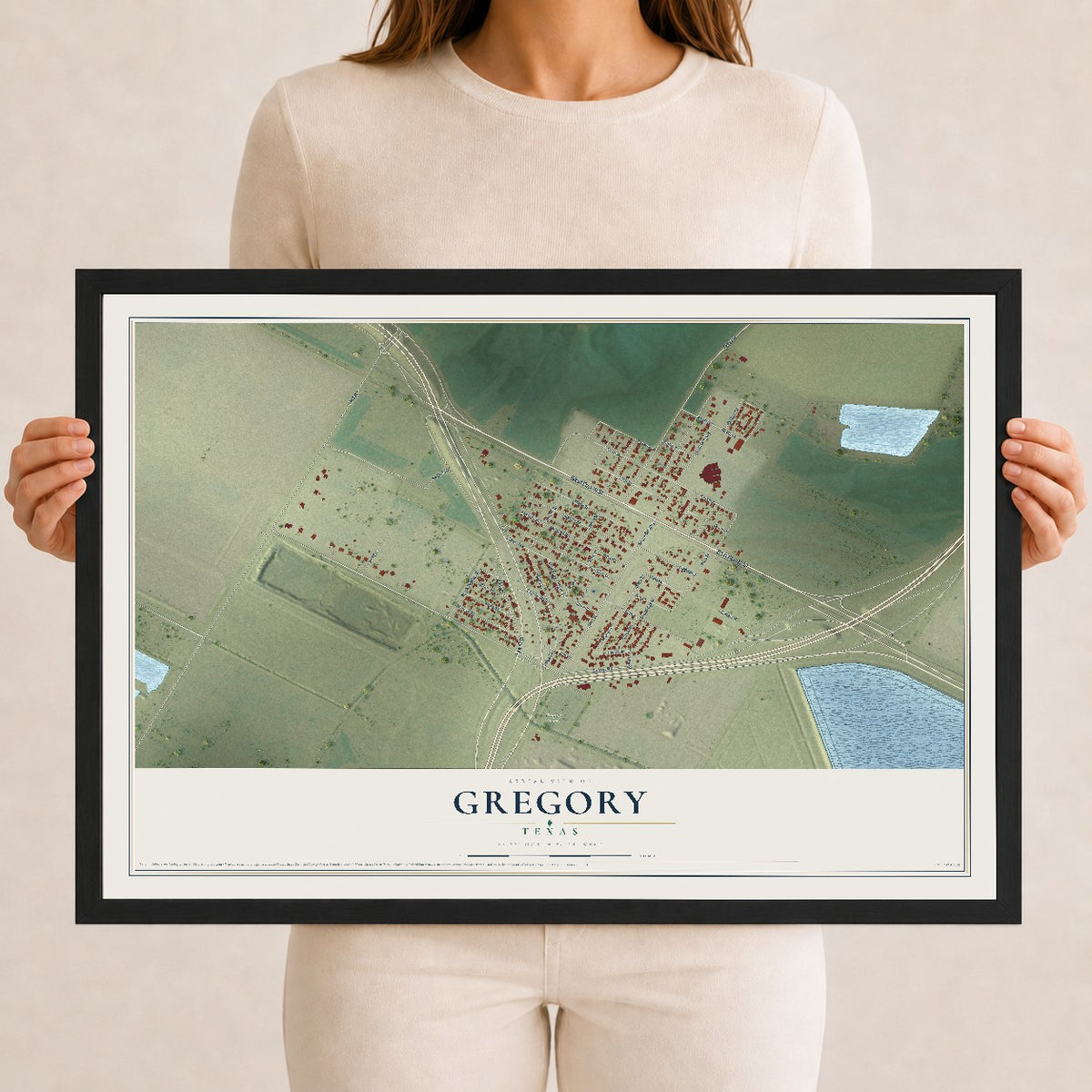 Map of Gregory, Texas, 12 x 18 inch print in a black wood frame