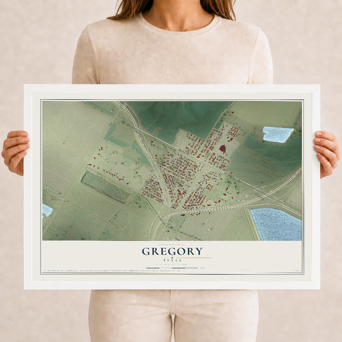 Map of Gregory, Texas, 12 x 18 inch print in a white wood frame