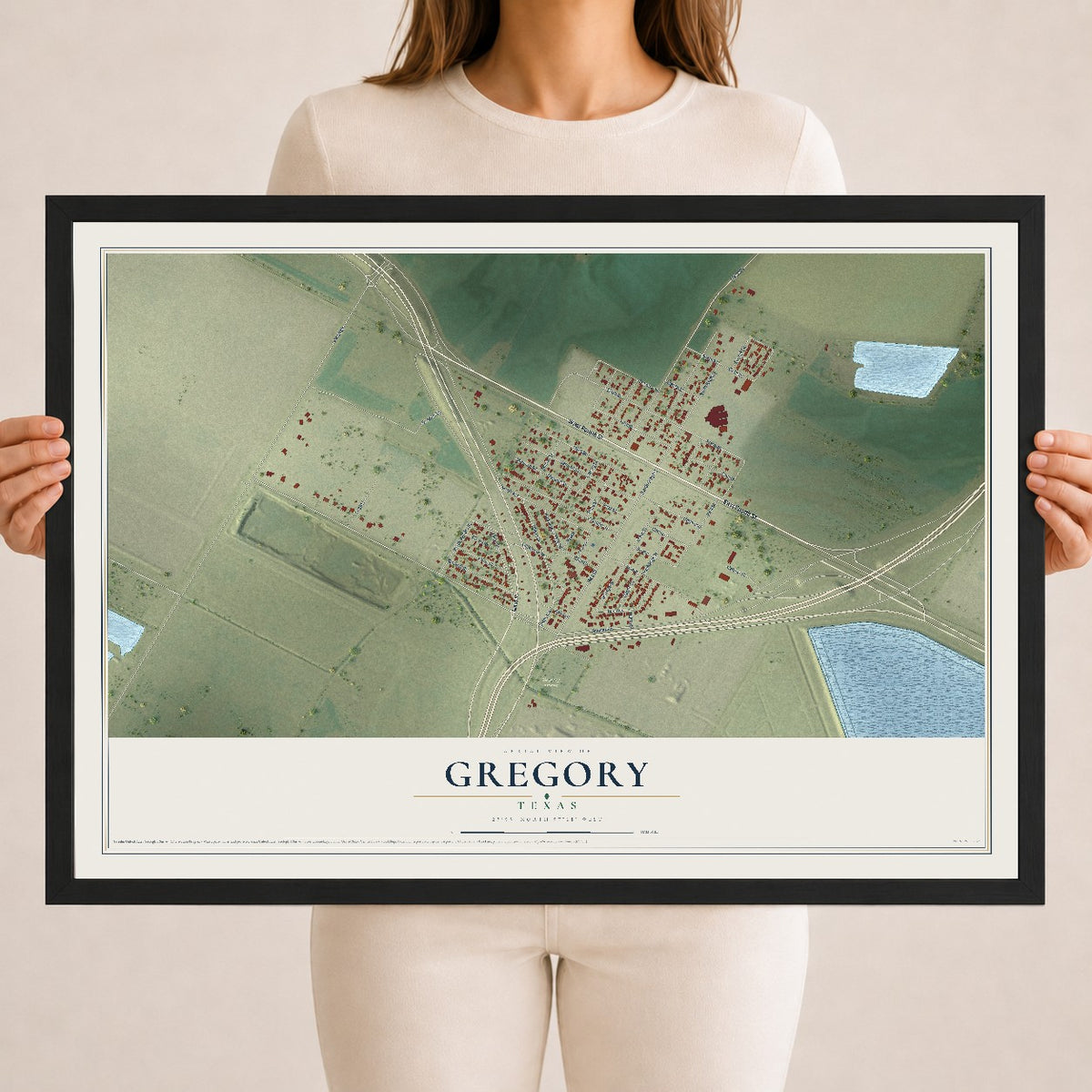 Map of Gregory, Texas, 18 x 24 inch print in a black wood frame
