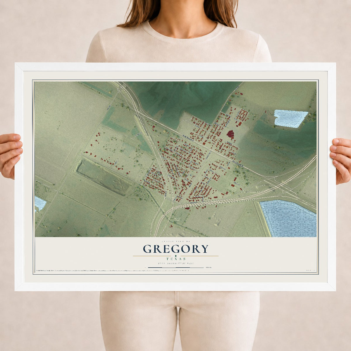 Map of Gregory, Texas, 18 x 24 inch print in a white wood frame