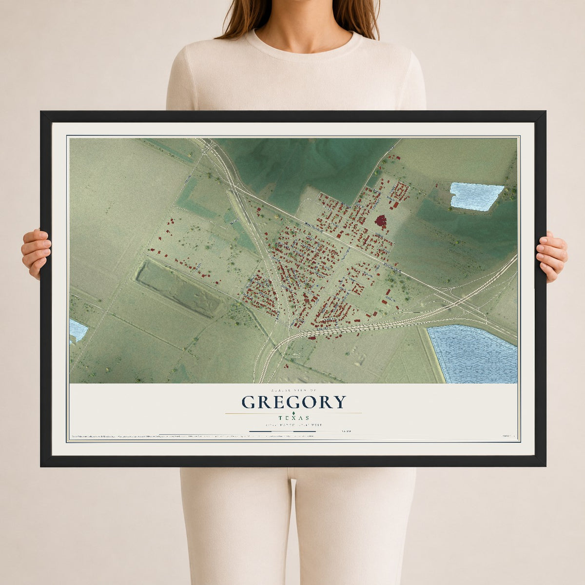 Map of Gregory, Texas, 24 x 36 inch print in a black wood frame