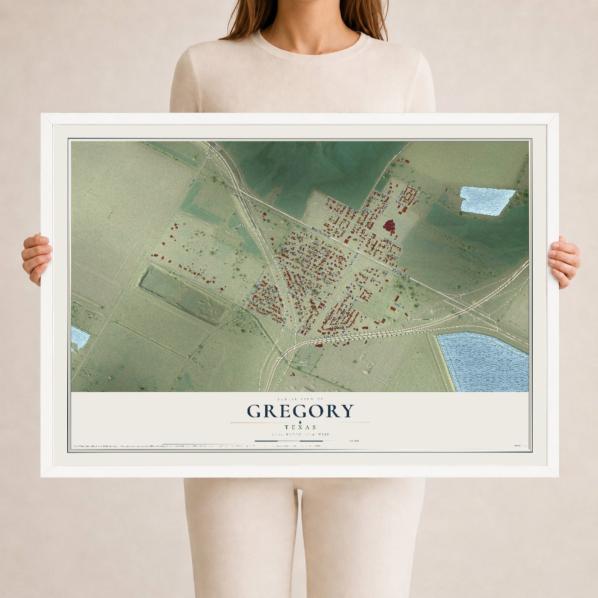Map of Gregory, Texas, 24 x 36 inch print in a white wood frame