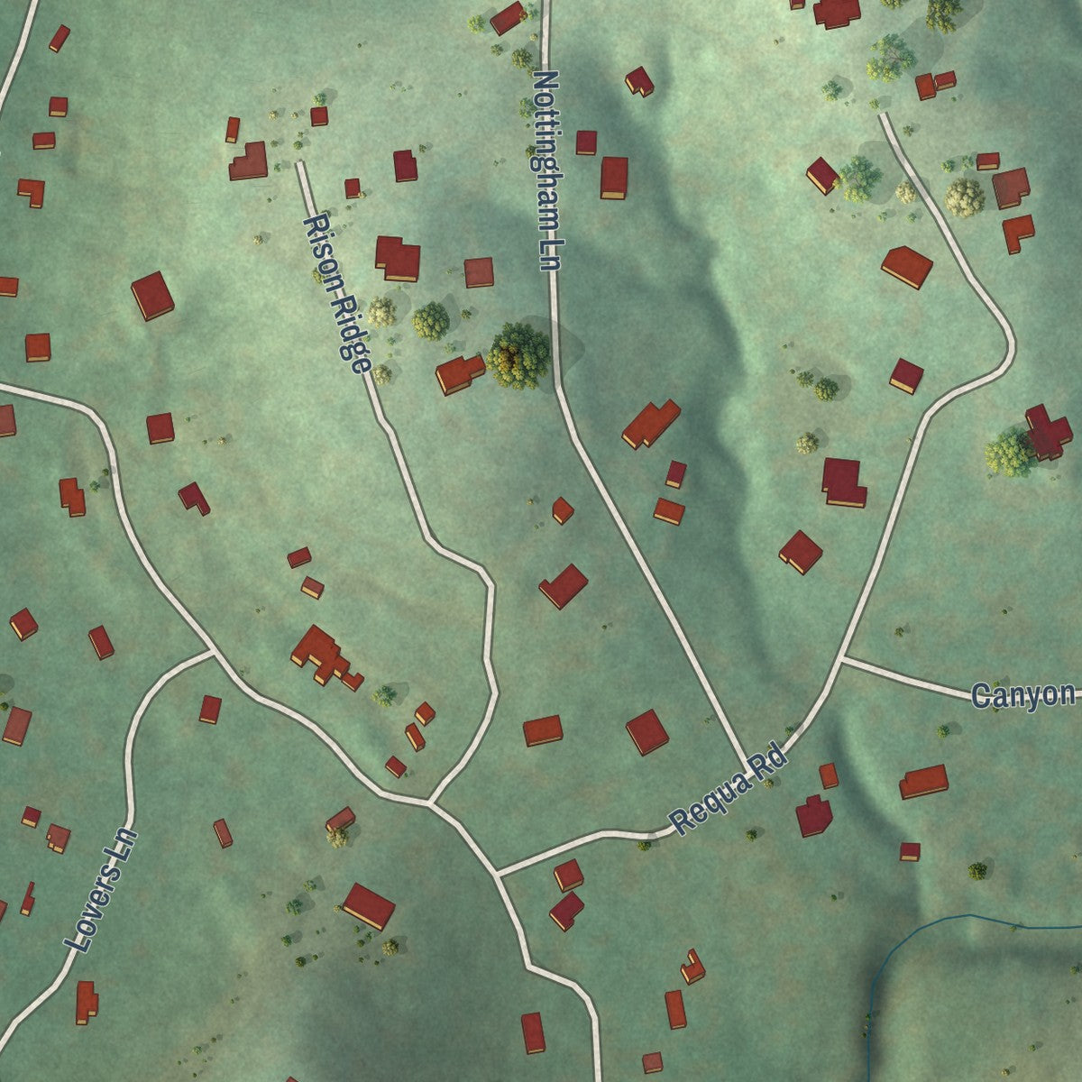 Second close-up of the map of Grey Forest, Texas print showing more streets and buildings