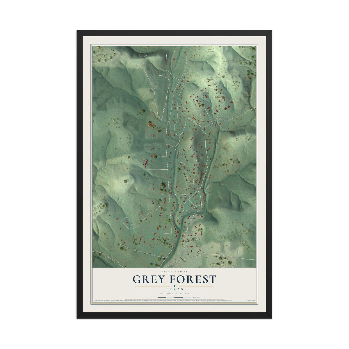 Map of Grey Forest, Texas, 12 x 18 inch print in a black wood frame