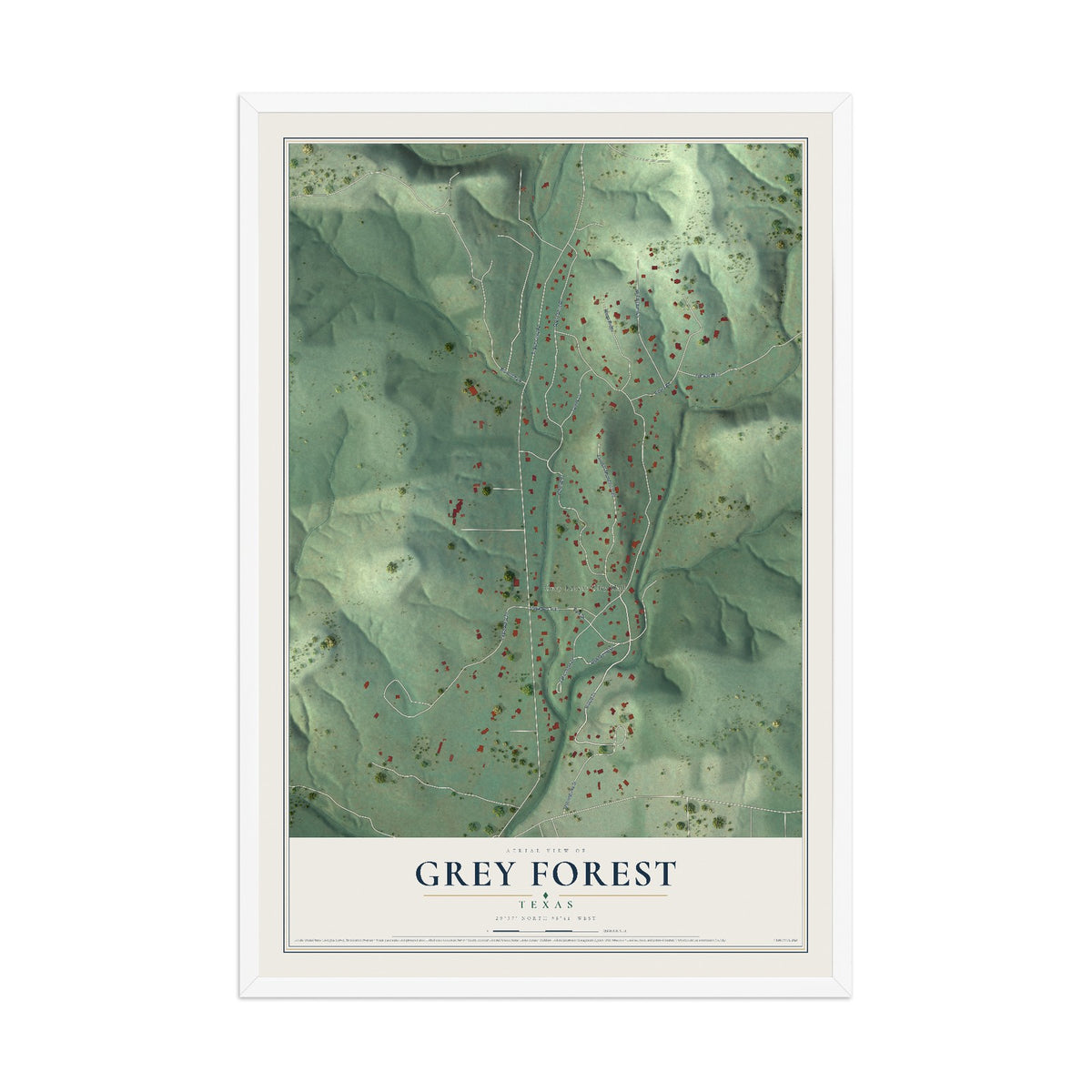 Map of Grey Forest, Texas, 12 x 18 inch print in a white wood frame