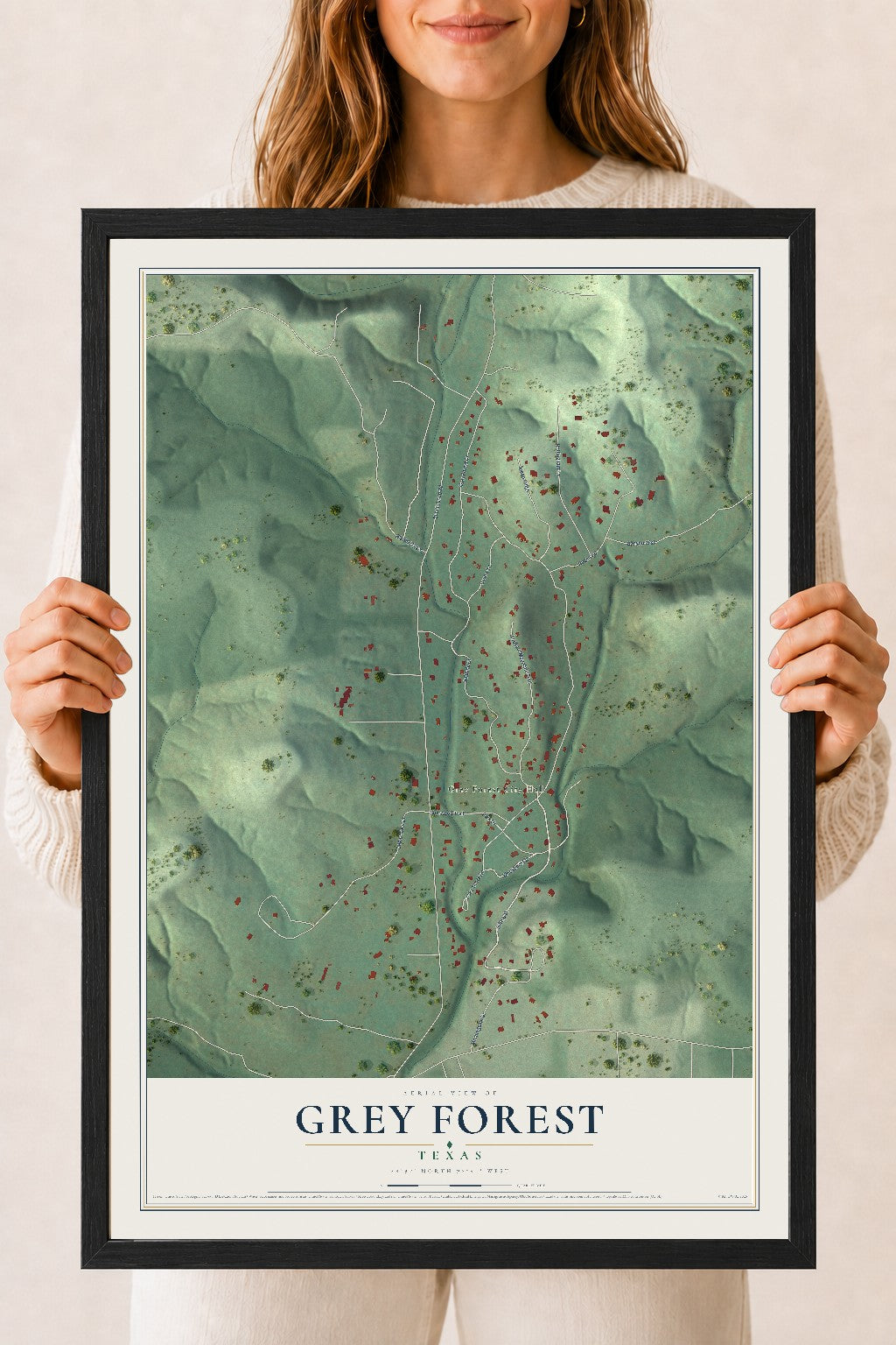 Map of Grey Forest, Texas, 18 x 24 inch print in a black wood frame