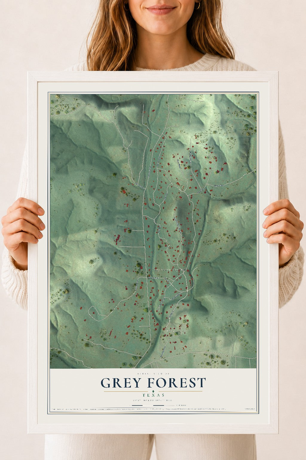 Map of Grey Forest, Texas, 18 x 24 inch print in a white wood frame