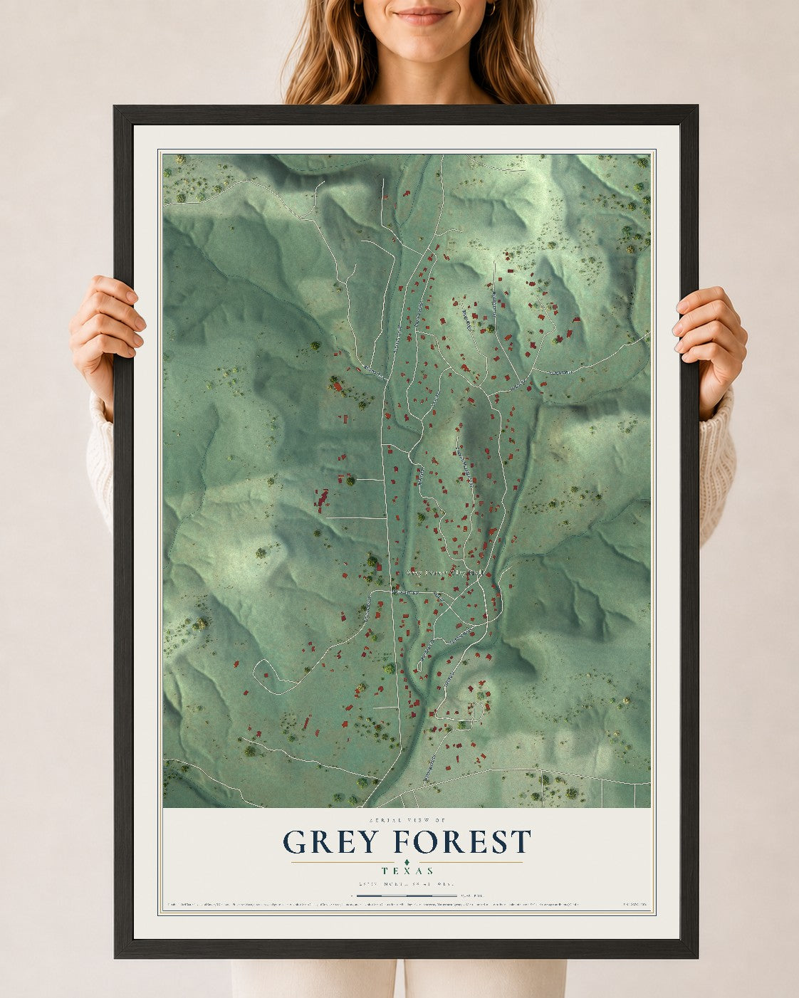Map of Grey Forest, Texas, 24 x 36 inch print in a black wood frame