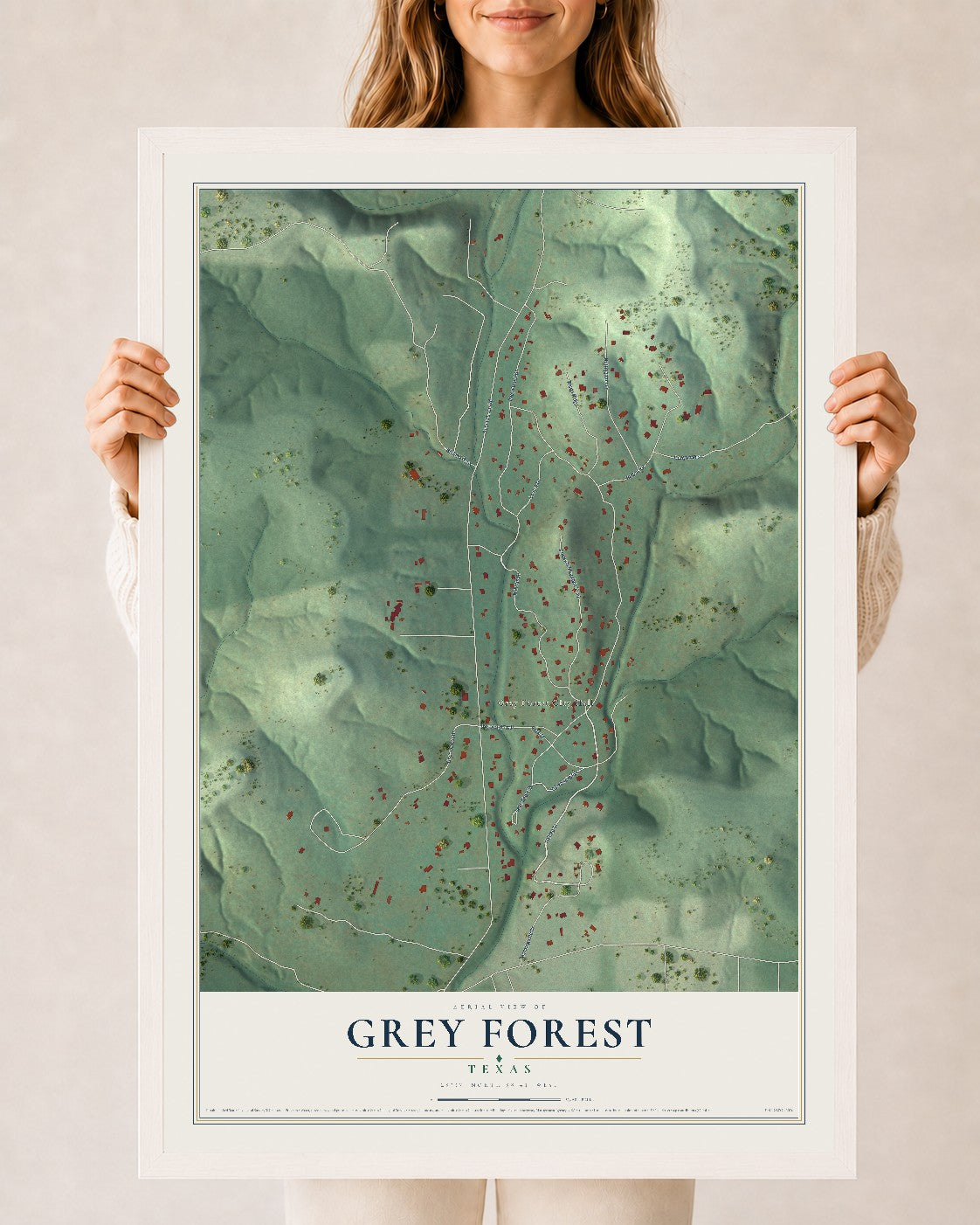 Map of Grey Forest, Texas, 24 x 36 inch print in a white wood frame