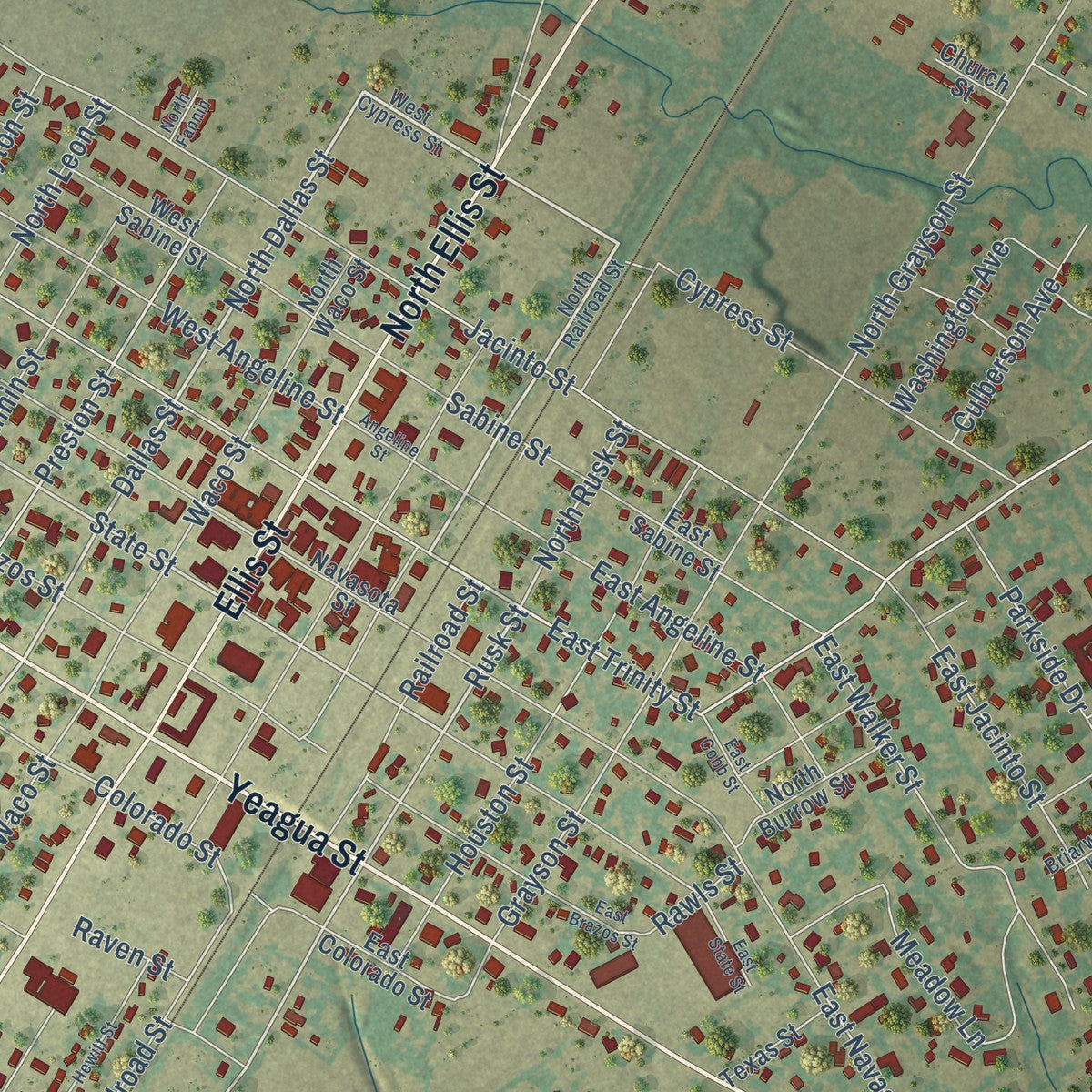Close-up of the map of Groesbeck, Texas print showing street and building detail