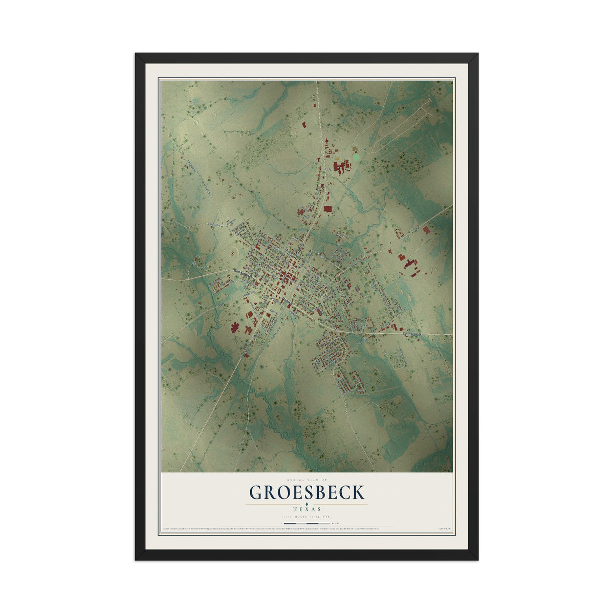 Map of Groesbeck, Texas, 12 x 18 inch print in a black wood frame