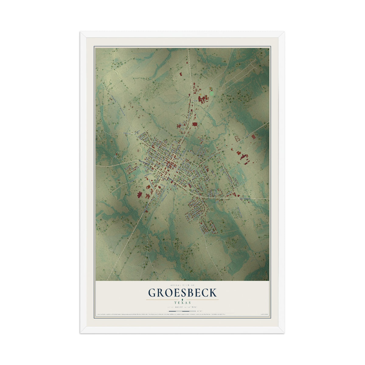 Map of Groesbeck, Texas, 12 x 18 inch print in a white wood frame