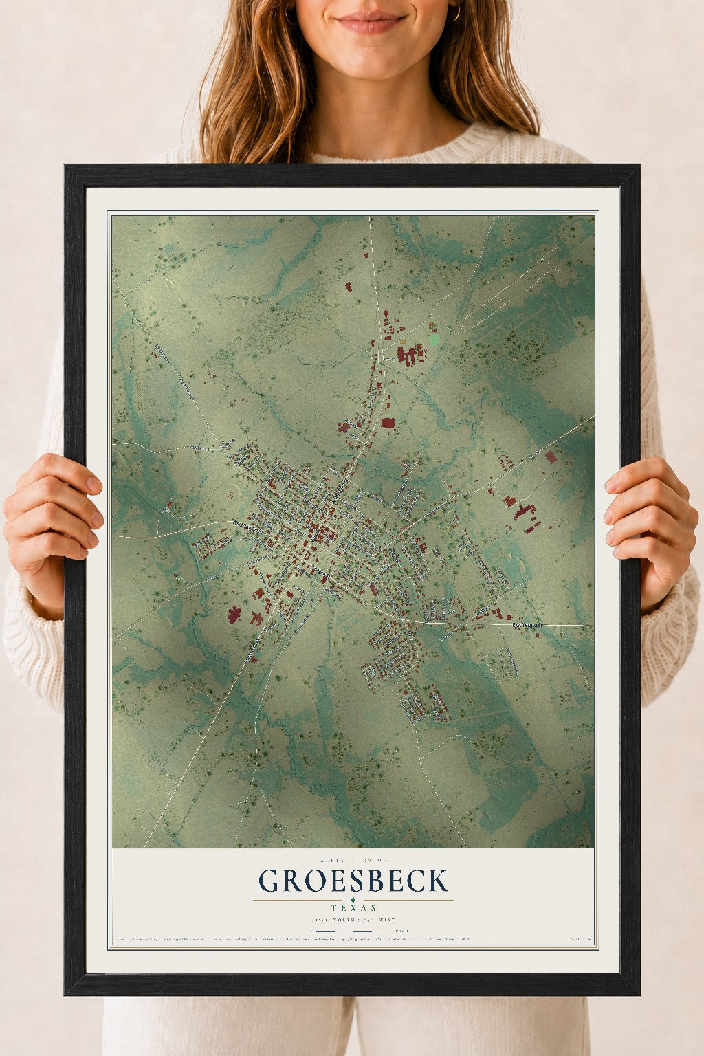 Map of Groesbeck, Texas, 18 x 24 inch print in a black wood frame