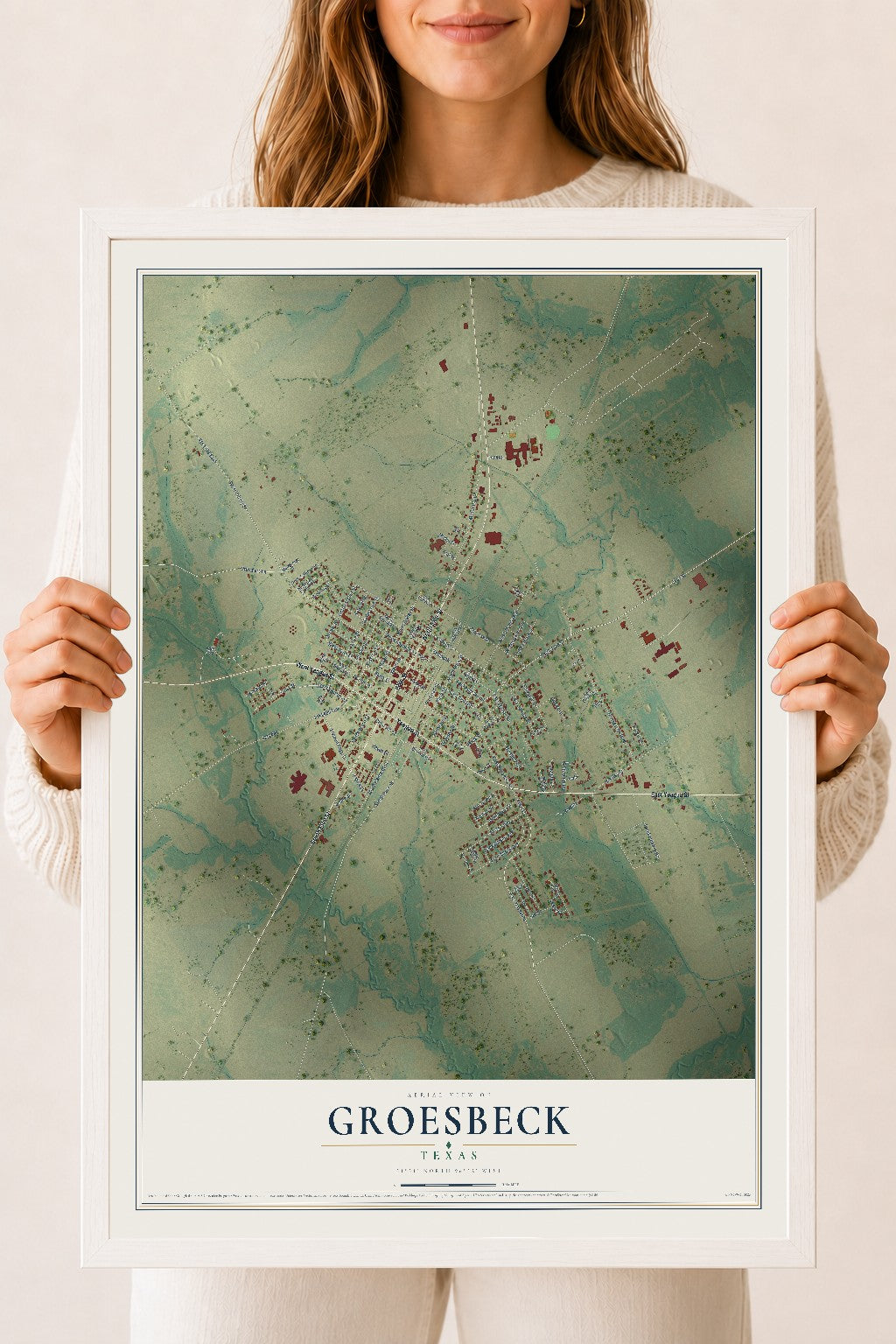 Map of Groesbeck, Texas, 18 x 24 inch print in a white wood frame