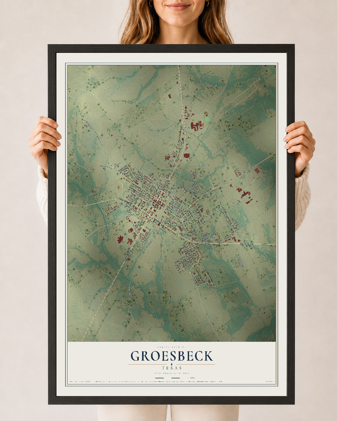 Map of Groesbeck, Texas, 24 x 36 inch print in a black wood frame