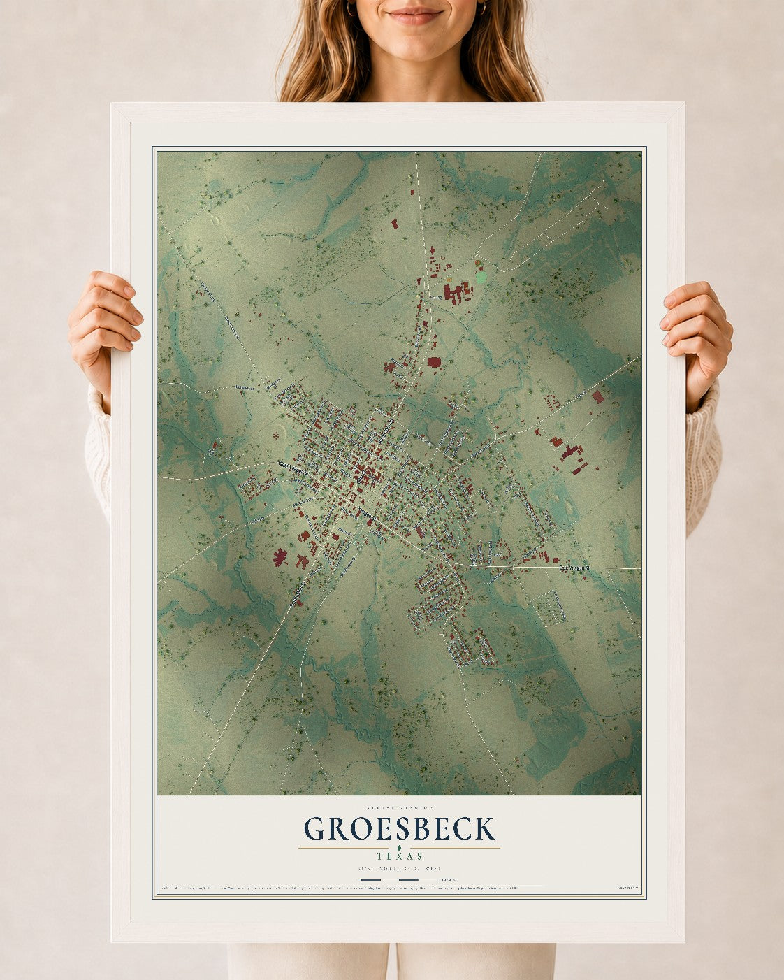 Map of Groesbeck, Texas, 24 x 36 inch print in a white wood frame
