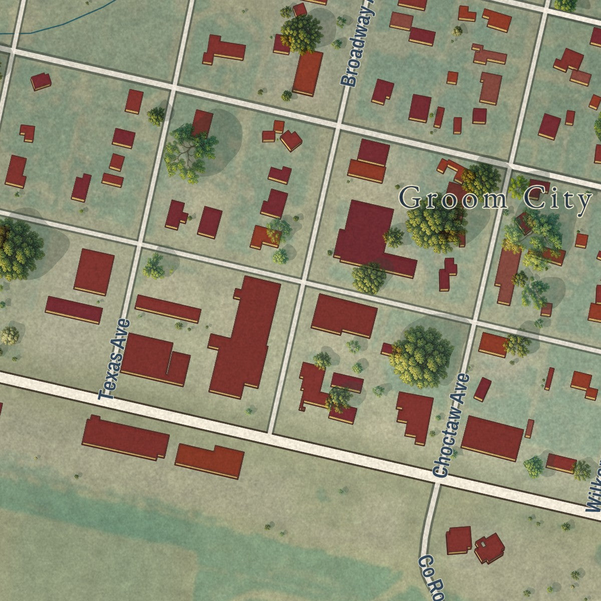 Second close-up of the map of Groom, Texas print showing more streets and buildings