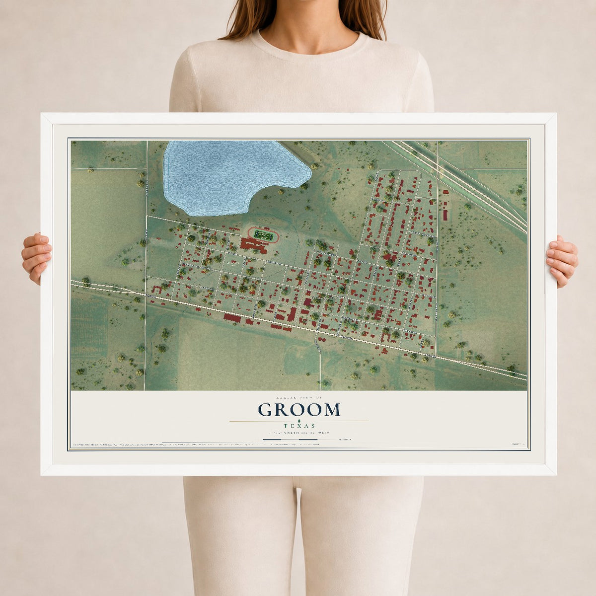 Map of Groom, Texas, 24 x 36 inch print in a white wood frame
