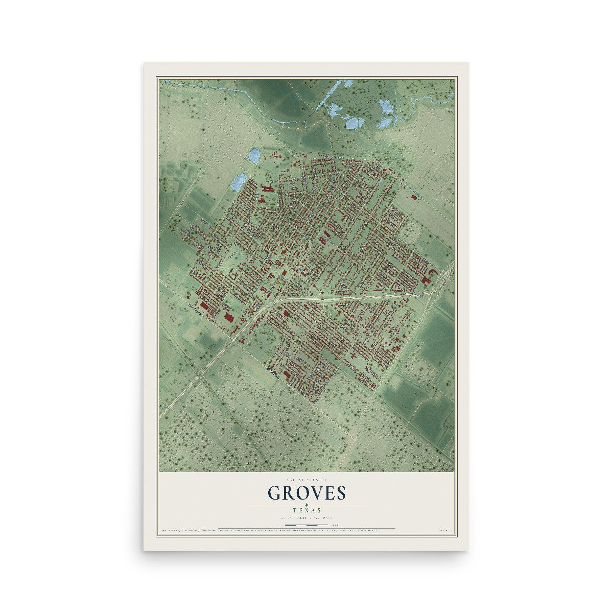 Map of Groves, Texas, 12 x 18 inch unframed archival matte print