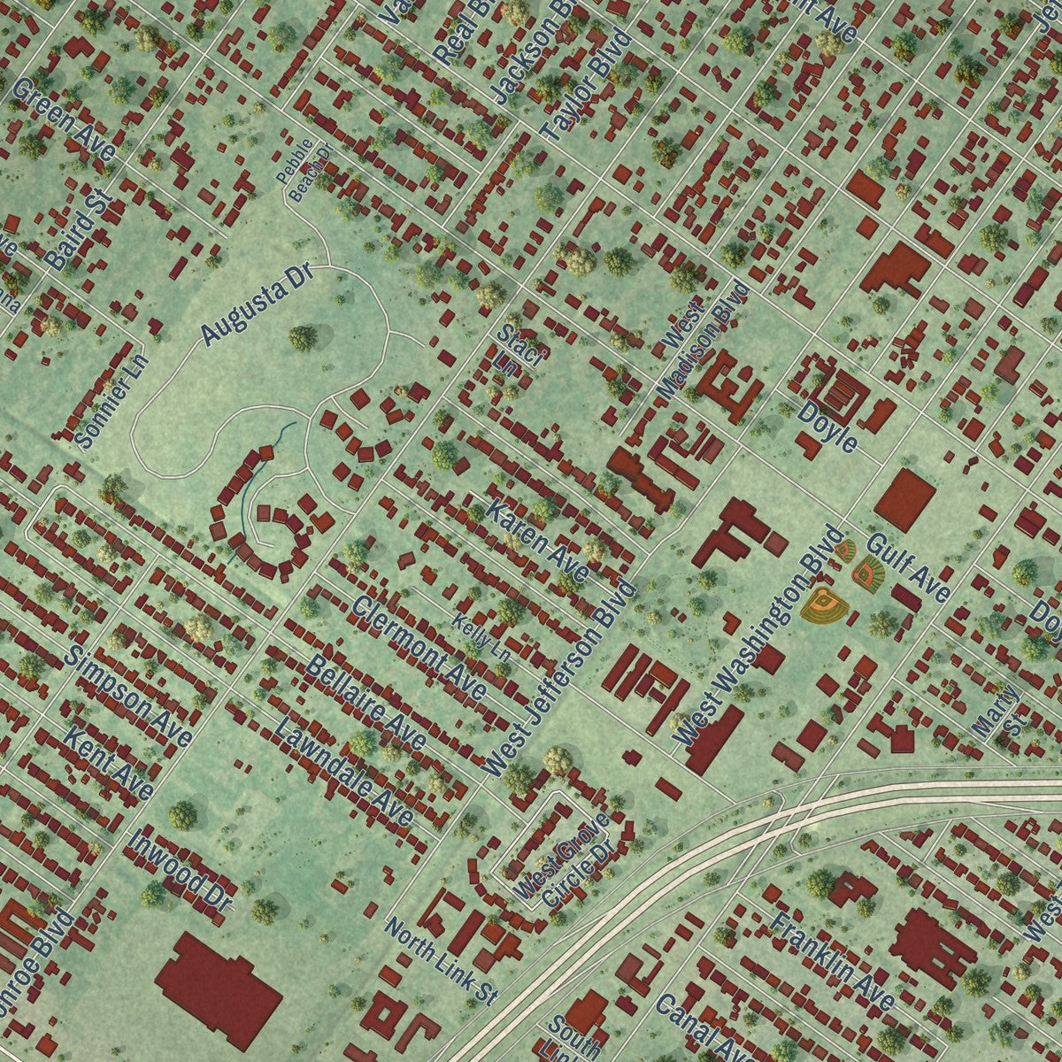 Close-up of the map of Groves, Texas print showing street and building detail