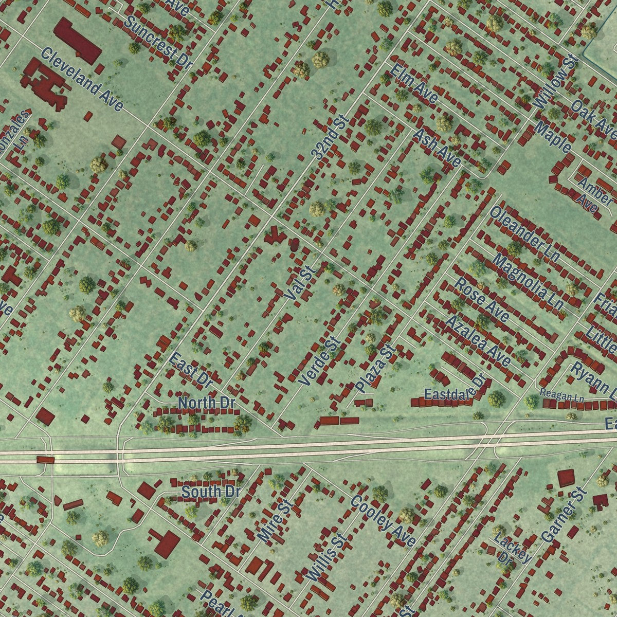 Second close-up of the map of Groves, Texas print showing more streets and buildings