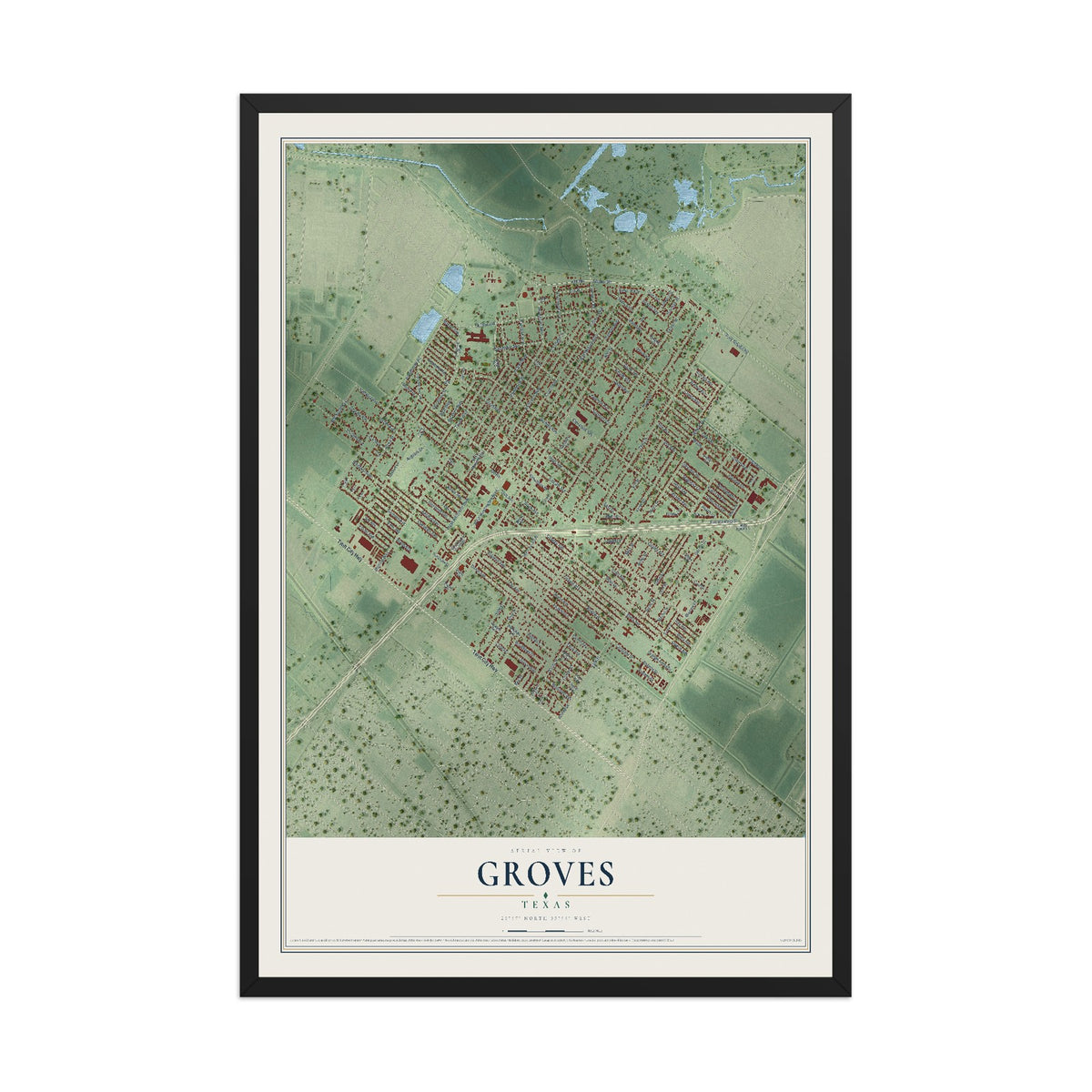 Map of Groves, Texas, 12 x 18 inch print in a black wood frame