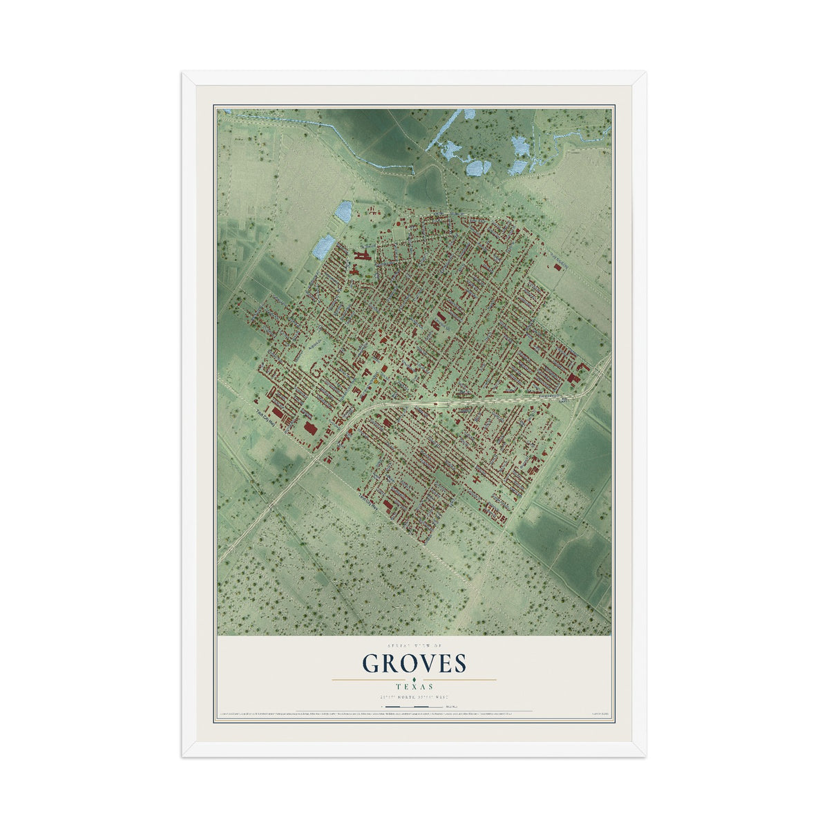 Map of Groves, Texas, 12 x 18 inch print in a white wood frame