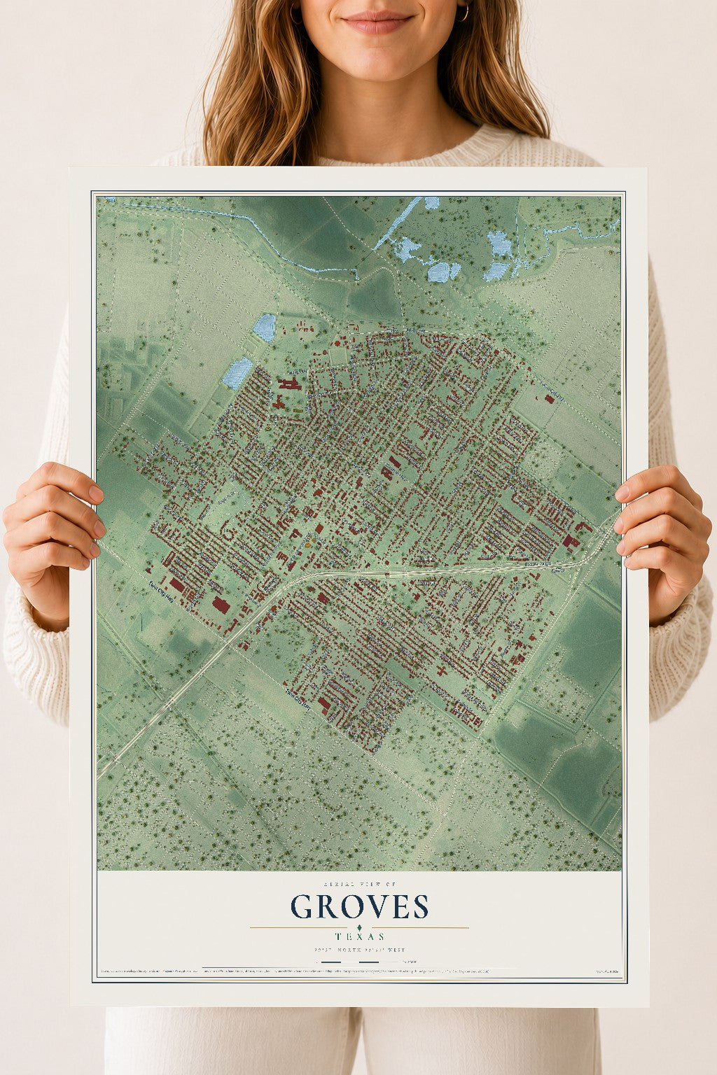 Map of Groves, Texas, 18 x 24 inch unframed archival matte print