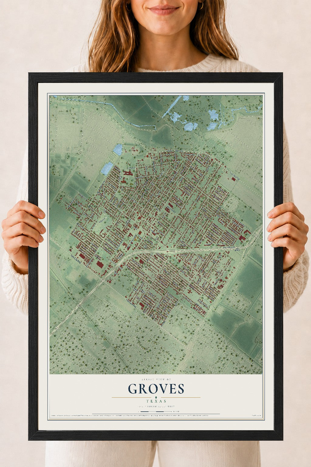 Map of Groves, Texas, 18 x 24 inch print in a black wood frame