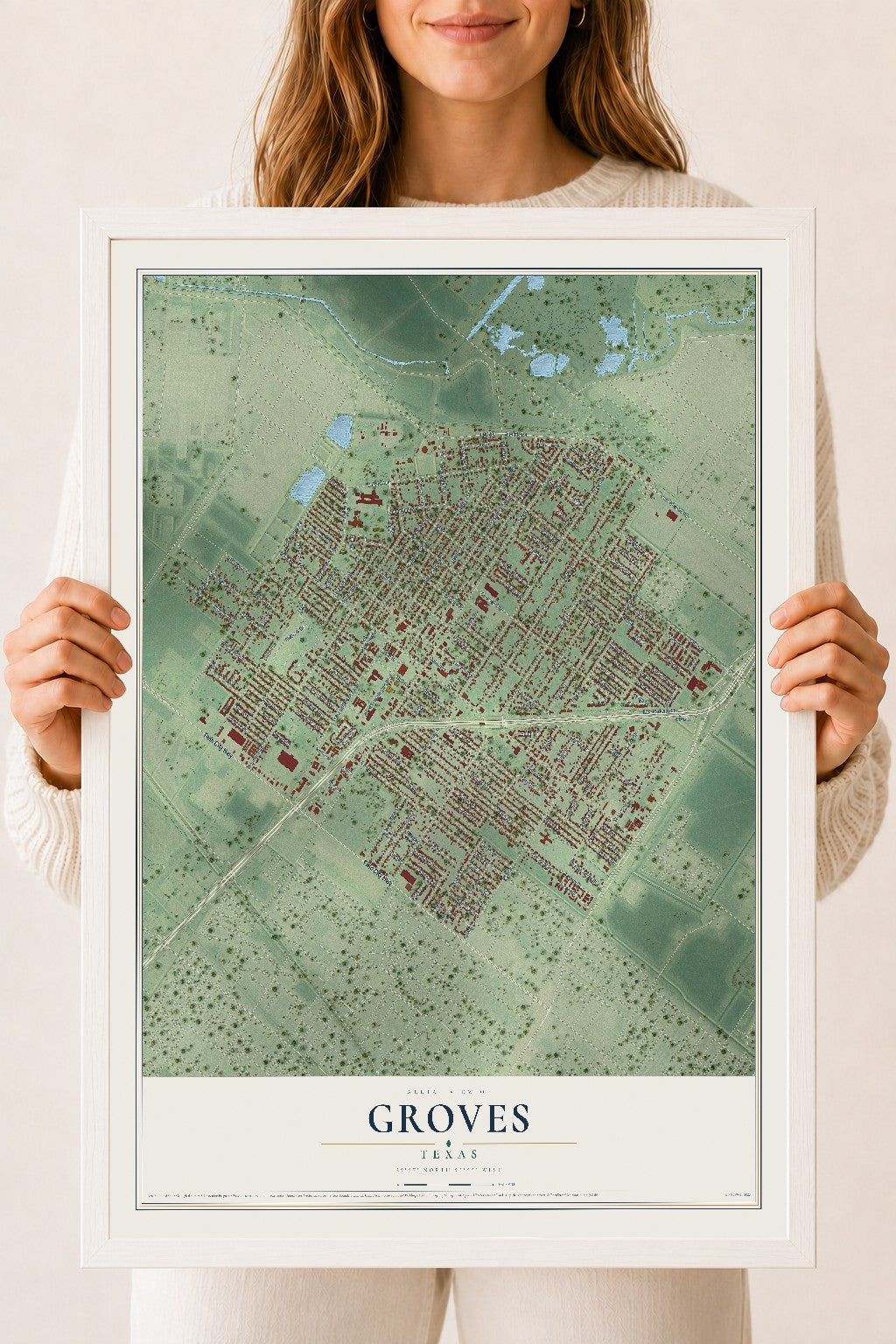 Map of Groves, Texas, 18 x 24 inch print in a white wood frame