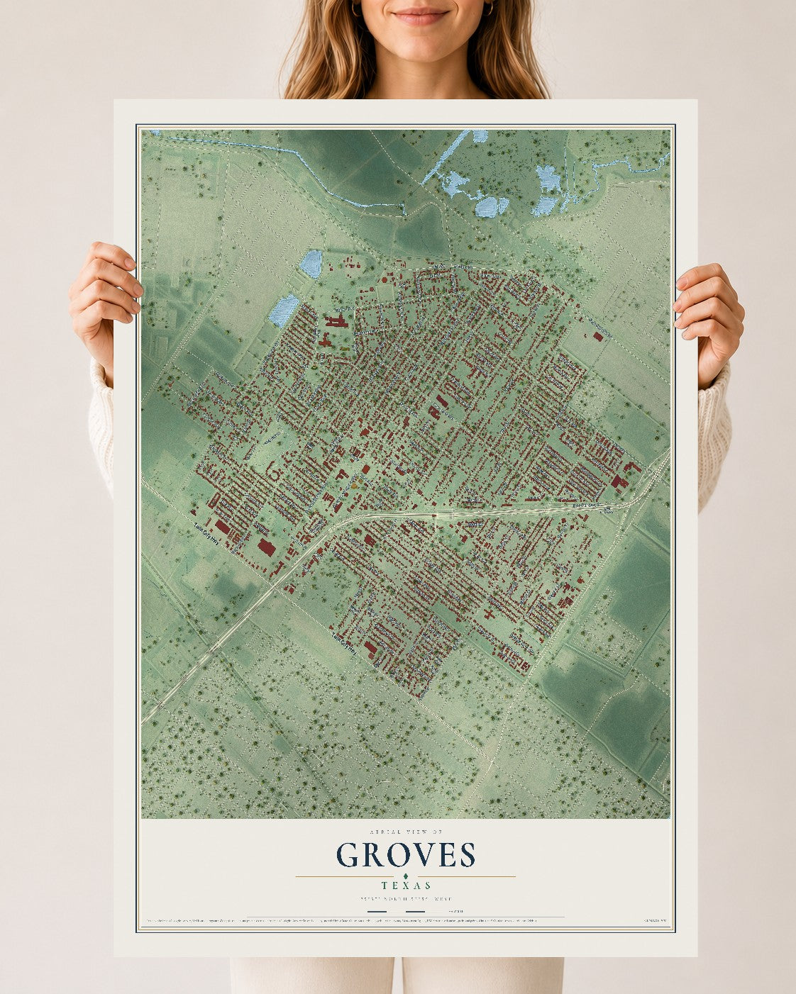 Map of Groves, Texas, 24 x 36 inch unframed archival matte print