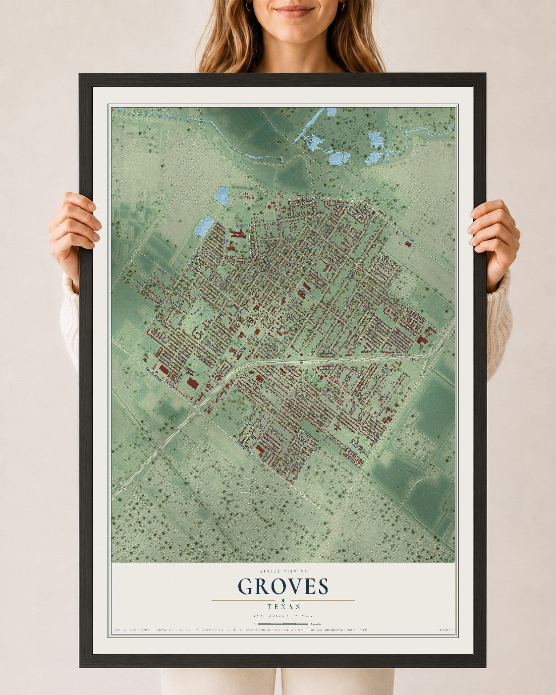 Map of Groves, Texas, 24 x 36 inch print in a black wood frame
