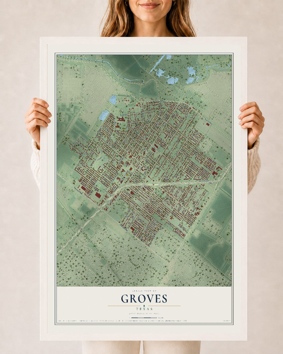 Map of Groves, Texas, 24 x 36 inch print in a white wood frame