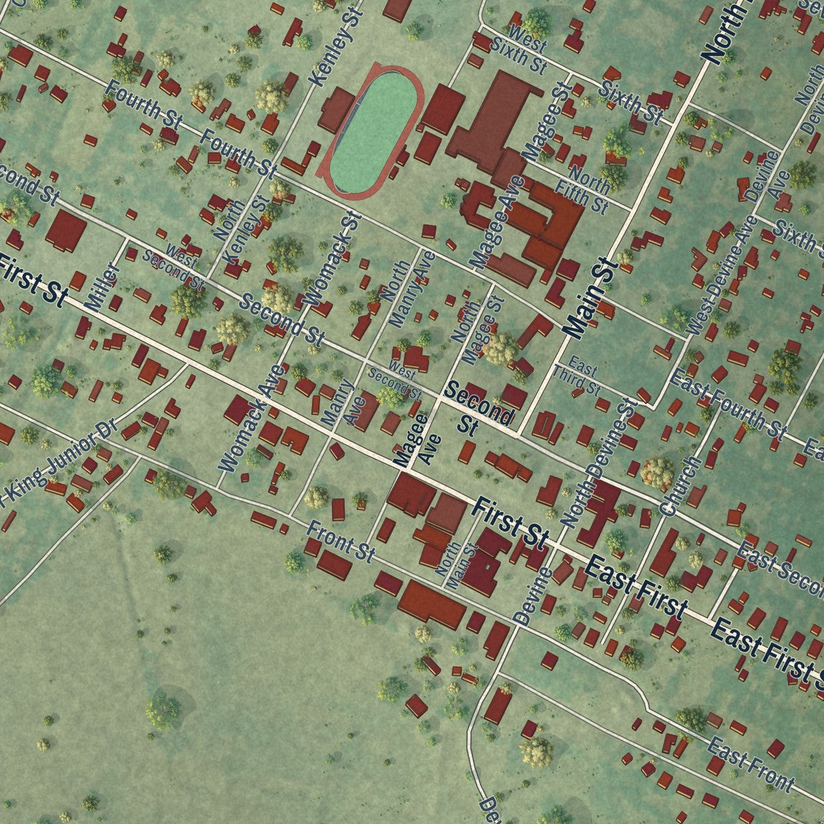 Close-up of the map of Groveton, Texas print showing street and building detail