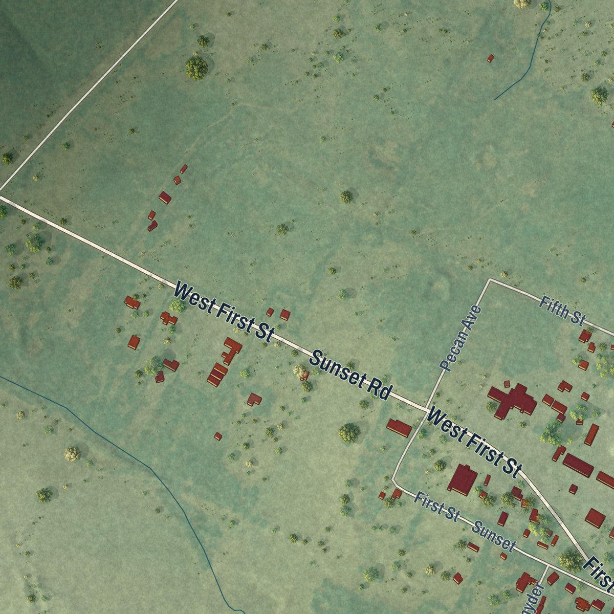 Second close-up of the map of Groveton, Texas print showing more streets and buildings