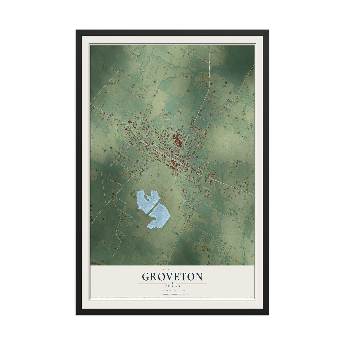 Map of Groveton, Texas, 12 x 18 inch print in a black wood frame