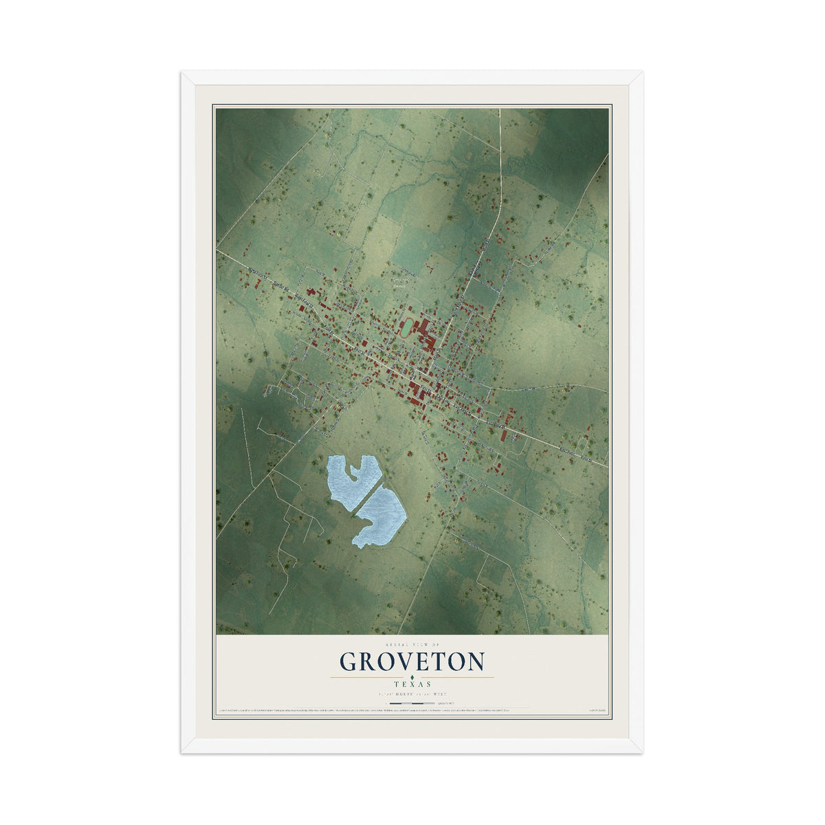 Map of Groveton, Texas, 12 x 18 inch print in a white wood frame