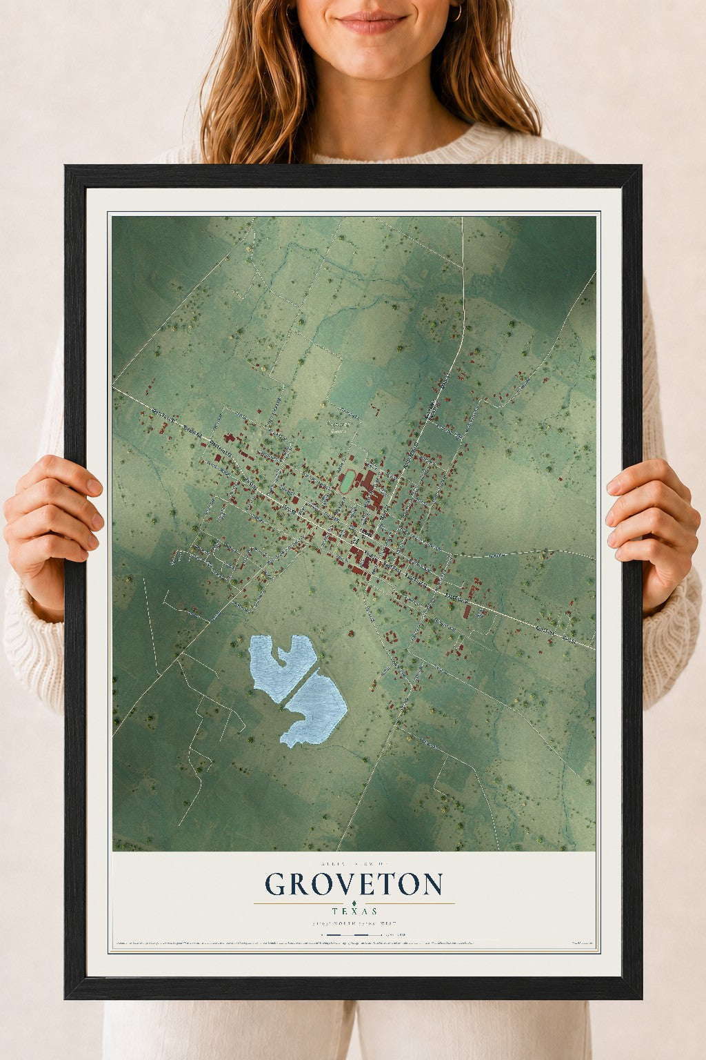 Map of Groveton, Texas, 18 x 24 inch print in a black wood frame