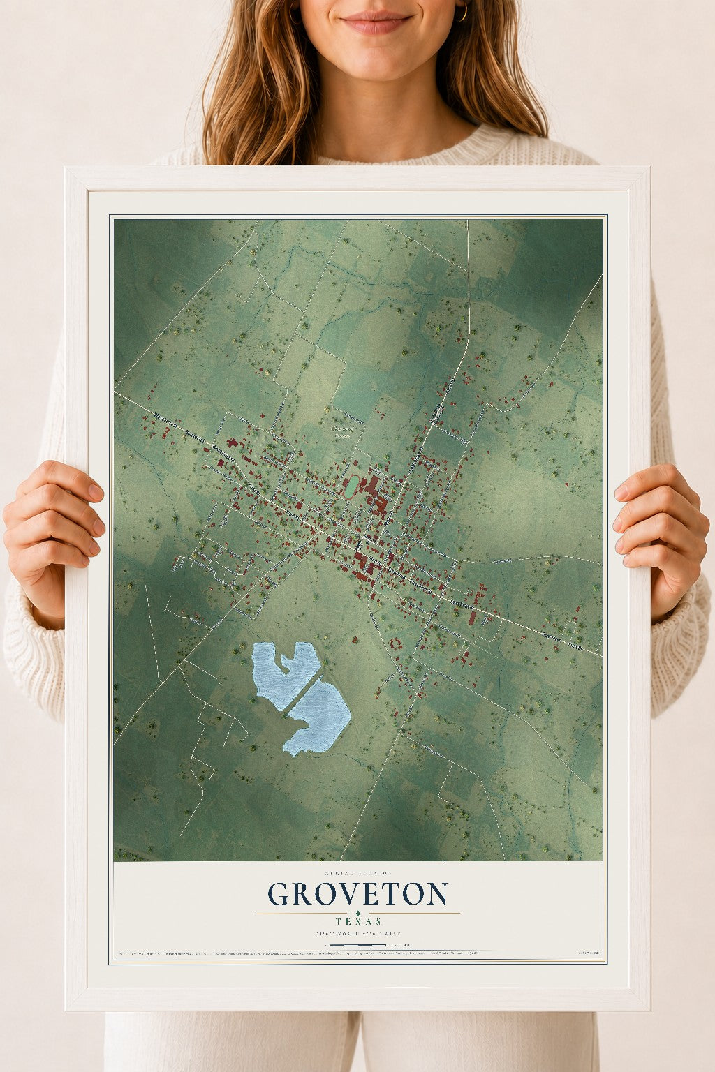 Map of Groveton, Texas, 18 x 24 inch print in a white wood frame